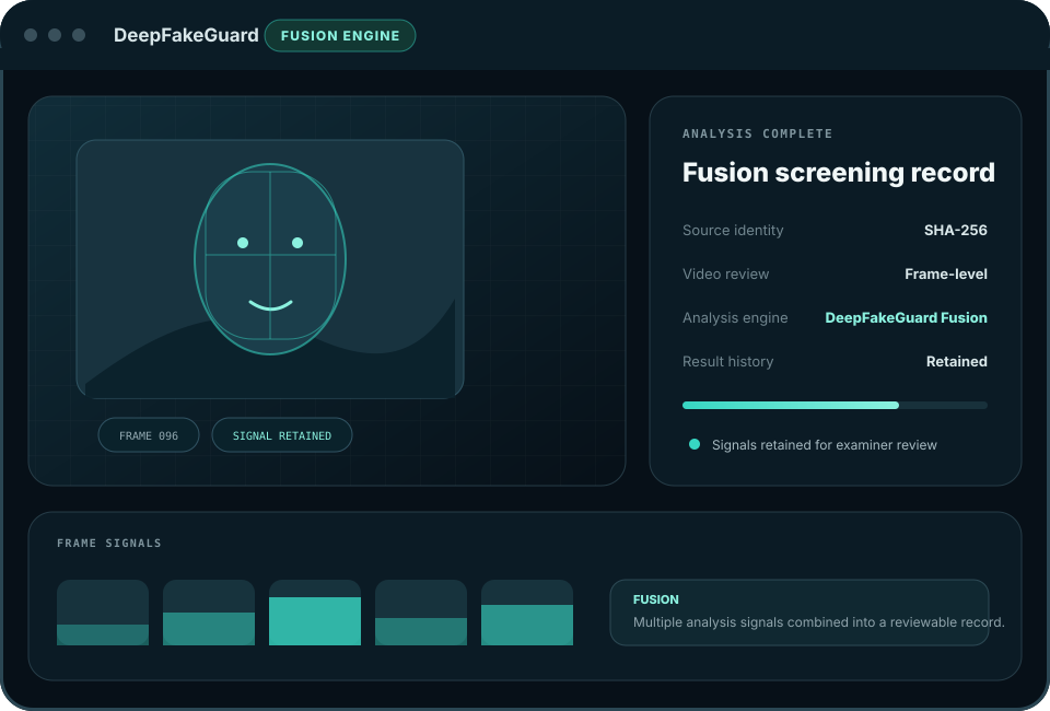 Illustration of a DeepFakeGuard Fusion media analysis record with source hashing, frame review, retained signals, and the Fusion engine identified